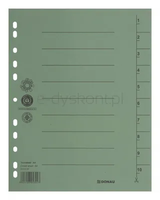Donau Przekładka karton A4, 235x300mm, 1-10, 1 karta, zielona 