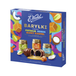 E.Wedel Baryłki o smakach pistacja, kokos, słony karmel z alkoholem w czekoladzie mlecznej 200g