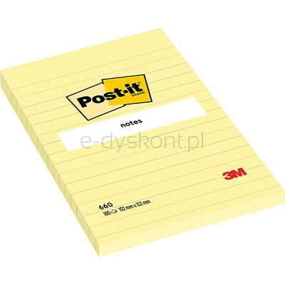 Post-It Karteczki Samoprzylepne W Linię (660), 102X152Mm, 1X100 Kart., Żółte 