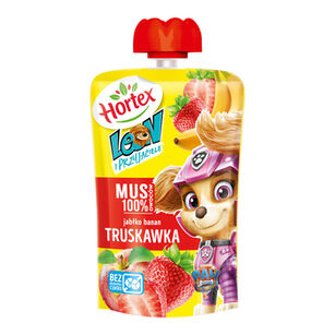 Hortex Leon I Przyjaciele Przekąska Mus 100% Owoców Jabłko, Banan, Truskawka Saszetka 100G