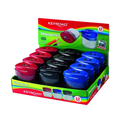 Temperówka plastikowa KEYROAD, podwójna, z pojemnikiem, display, mix kolorów