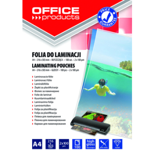 Folia do laminowania OFFICE PRODUCTS A4 2x100mikr błyszcząca 100szt transparen