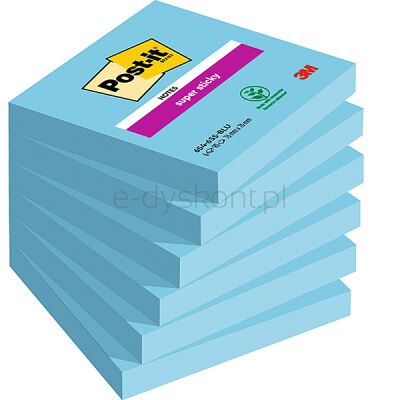 Post-It  Karteczki Samoprzylepne Super Sticky (654-6Ss-Eb), 76X76Mm, 1X90 Kartek, Niebieskie