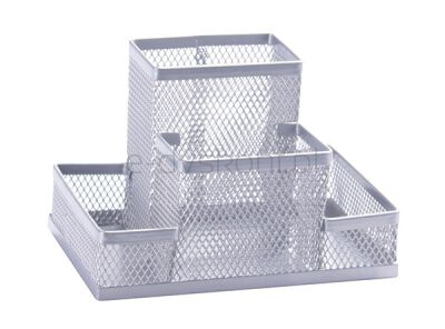 Q-Connect Przybornik Na Biurko Office Set, metalowy, 4 komory, srebrny