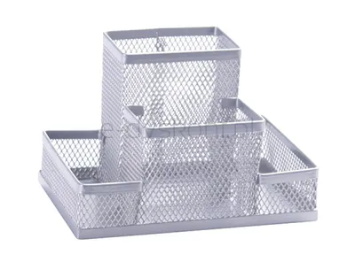 Q-Connect Przybornik Na Biurko Office Set, metalowy, 4 komory, srebrny