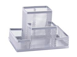 Q-Connect Przybornik Na Biurko Office Set, metalowy, 4 komory, srebrny