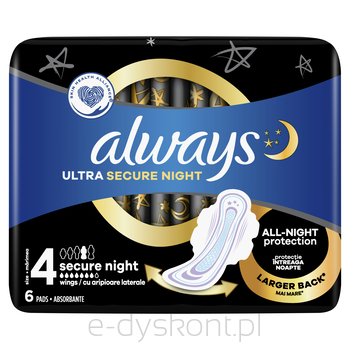 Always Podpaski Ze Skrzydełkami Ultra Secure Night Rozmiar 4 6 Szt.