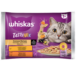 Whiskas Tasty Mix Kremowe Wariacje 1+ Sos Z Kurczakiem I Warzywami I Z Jagnięciną I Indykiem 340 G (4X85 G)