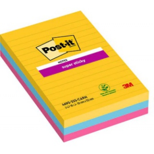 Karteczki samoprzylepne POST-IT Super Sticky w linie (4690-SS3RIO-EU), 101x152mm, 3x90 kart., paleta Carnival