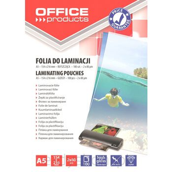 Folia do laminowania OFFICE PRODUCTS A5 2x80mikr błyszcząca 100szt  transparentna