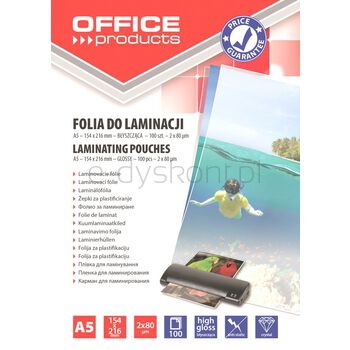 Folia do laminowania OFFICE PRODUCTS A5 2x80mikr błyszcząca 100szt  transparentna