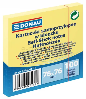 Bloczek Samoprzylepny Donau, 76X76Mm, 1X100 Kart., Jasnożółty