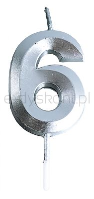 Świeczka Part Go, cyfra 6, 4,8cm, srebrna