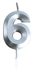 Świeczka Part Go, cyfra 6, 4,8cm, srebrna
