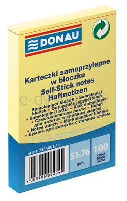 Bloczek Samoprzylepny Donau, 51X76Mm, 1X100 Kart., Jasnożółty