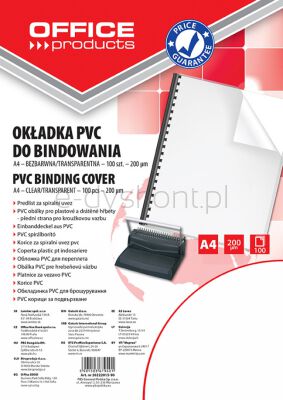 Office Products Okładki Do Bindowania Pvc, A4, 200Mikr., 100Szt., Transparentne 
