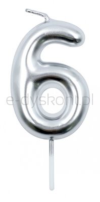 Świeczka Part Go, cyfra 6, 6cm, srebrna