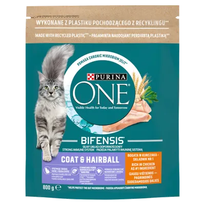 Purina One Coat  Hairball Pełnoporcjowa Karma Dla Dorosłych Kotów Bogata W Kurczaka I Ziarna 800 G