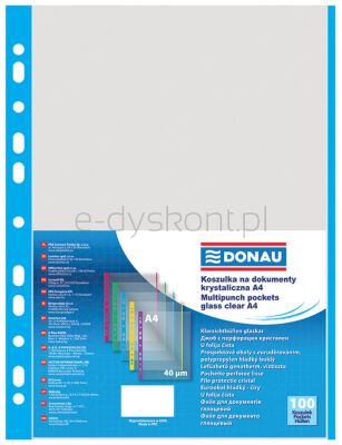 Donau Koszulki Na Dokumentypp, A4, Krystal 40Mikr Kolorowy Brzeg - Niebieski, 100Szt. 