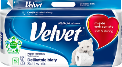 Velvet Papier Toaletowy Delikatnie Biały 8 Rolek, 3 Warstwy