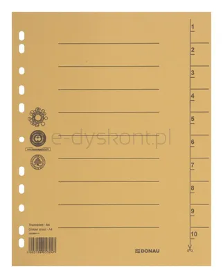 Donau Przekładka karton A4, 235x300mm, 1-10, 1 karta, żółta 