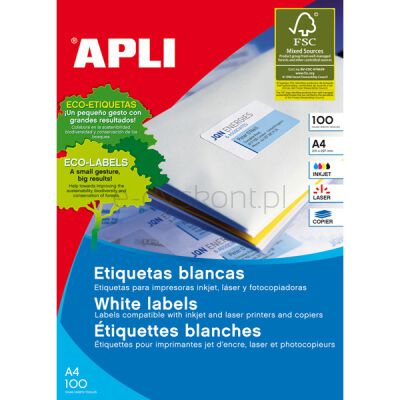 Apli Etykiety uniwersalne 210x297mm, prostokątne, białe 100 ark.
