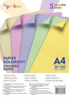 Gimboo Papier kolorowy A4, 100 arkuszy, 80gsm, 5 kolorów pastelowych [BIURO]