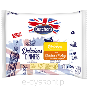 Butcher’S Delicious Dinners Cat 2X Z Kurczakiem 2X Z Kurczakiem I Indykiem Kawałki W Galaretce 4X100G