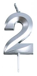 Świeczka Part Go, cyfra 2, 4,8cm, srebrna