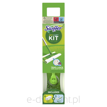 Swiffer Dry + Wet Kit - Zestaw: 1 Mop, 8 Suchych Chusteczek Oraz 3 Mokre Ściereczki.