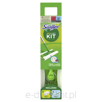 Swiffer Dry + Wet Kit - Zestaw: 1 Mop, 8 Suchych Chusteczek Oraz 3 Mokre Ściereczki.