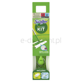 Swiffer Dry + Wet Kit - Zestaw: 1 Mop, 8 Suchych Chusteczek Oraz 3 Mokre Ściereczki.