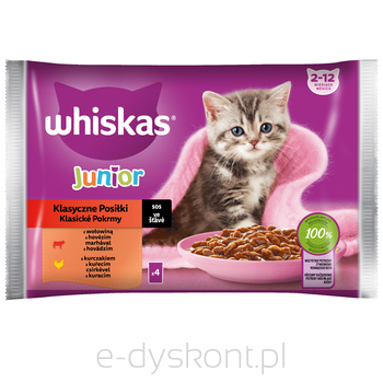 Whiskas Junior 2-12 Miesięcy Klasyczne Posiłki Sos Z Wołowiną I Z Kurczakiem 340 G (4X85 G)