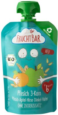 Fruchtbar Mus brzoskwinia, jabłko, proso, orkisz, owies, powyżej 6 miesięcy (100% recyclable) BIO 100 g