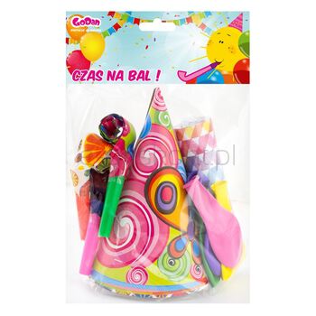 Zestaw ;Bal Duży; (4 Czapeczki, 4 Trąbki, 4 Balony,1 Rolka Serpentyny)