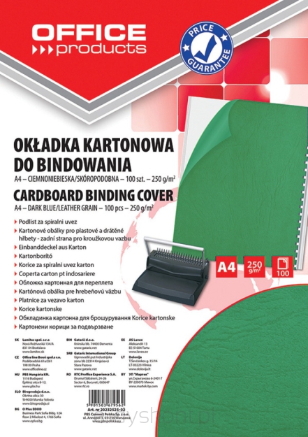 Okładki Do Bindowania Office Products, Karton, A4, 250Gsm, Skóropodobne, 100Szt., Zielone