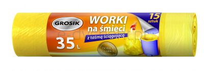 Grosik Worki na śmieci z taśmą HDPE, 35l, 15 szt., żółte