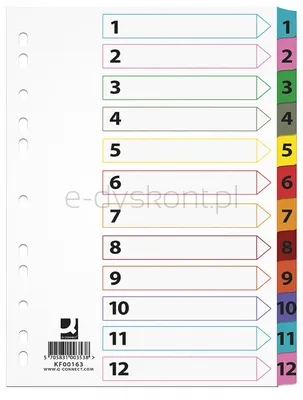 Q-Connect Przekładki Mylar, Karton, A4, 225X297Mm, 1-12, 12 Kart, Lam. Indeks, Mix Kolorów