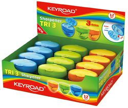 Keyroad Temperówka Tris, plastikowa, potrójna, z pojemnikiem, pakowane na displayu, mix kolorów