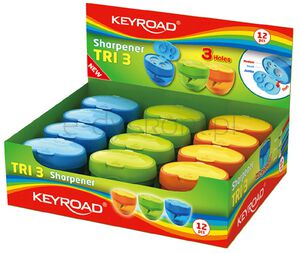 Keyroad Temperówka Tris, plastikowa, potrójna, z pojemnikiem, pakowane na displayu, mix kolorów