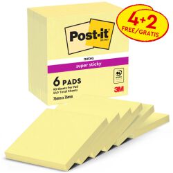 Post-It Karteczki Samoprzylepne Super Sticky (654-P6Sscy-Eu), 76X76Mm, 4+2X90 Kart., Żółte, 2 Bloczki Gratis 