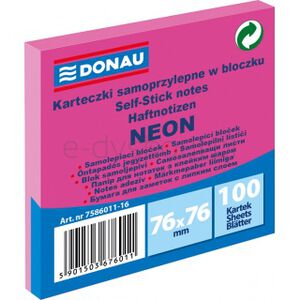 Donau Bloczek Samoprzylepny 76x76mm, 1x100 kart., neon, różowy