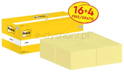 Karteczki Samoprzylepne Post-It® (654Cy-Vp20), 76X76Mm, (16+4)X100 Kart., Żółte, 4 Bloczki Gratis
