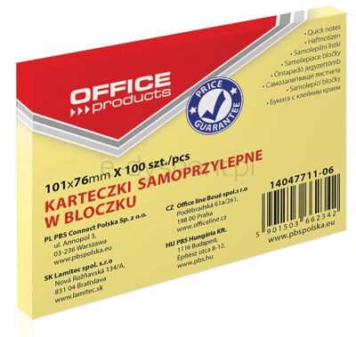 Office Products Bloczek Samoprzylepny 101X76Mm, 1X100 Kart., Pastel, Jasnożółty
