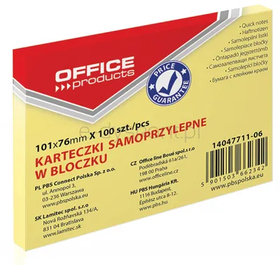 Bloczek Samoprzylepny Office Products, 101X76Mm, 1X100 Kart., Pastel, Jasnożółty