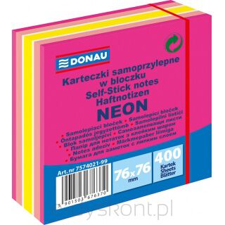 Kostka samoprzylepna DONAU, 76x76mm, 1x400 kart., neon-pastel, mix różowy