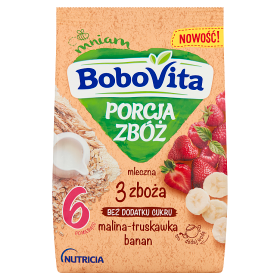 BoboVita Porcja Zbóż Kaszka mleczna 3 zboża malina-truskawka-banan po 6 miesiącu 210 g 
