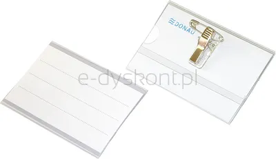 Identyfikator DONAU, z klipsem i agrafką, otwór z boku, transparentny