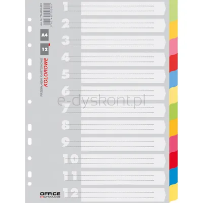 Office Products Przekładki Karton, A4, 223X297Mm, 12 Kart, Mix Kolorów 