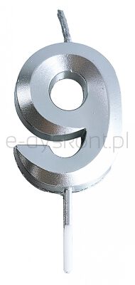 Świeczka Part Go, cyfra 9, 4,8cm, srebrna